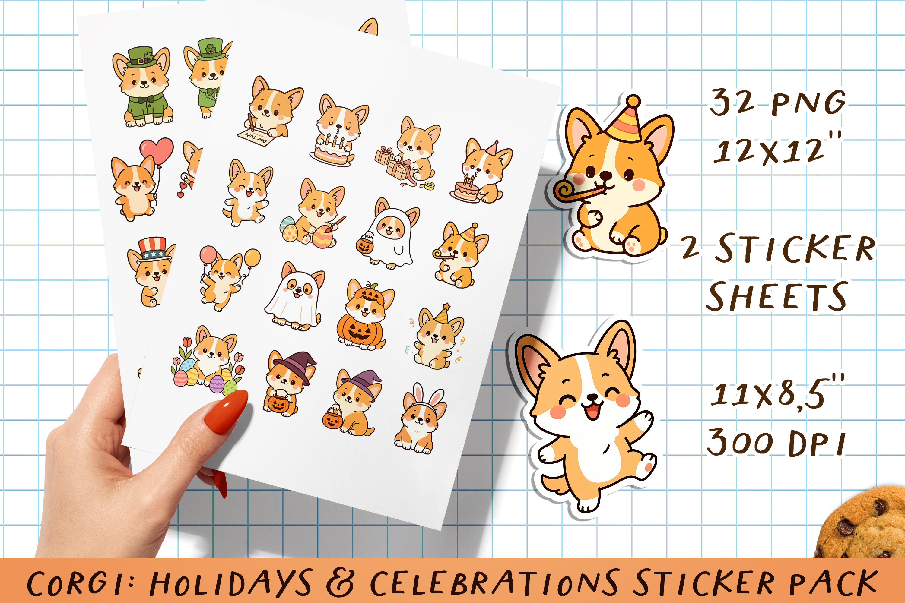 Corgi Holidays   Celebrations Printable Sticker Pack. PNG.