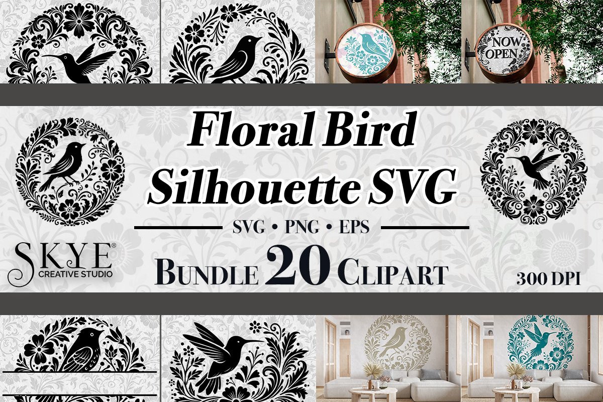 20 Elegant Floral Bird Silhouette SVG PNG BUNDLE