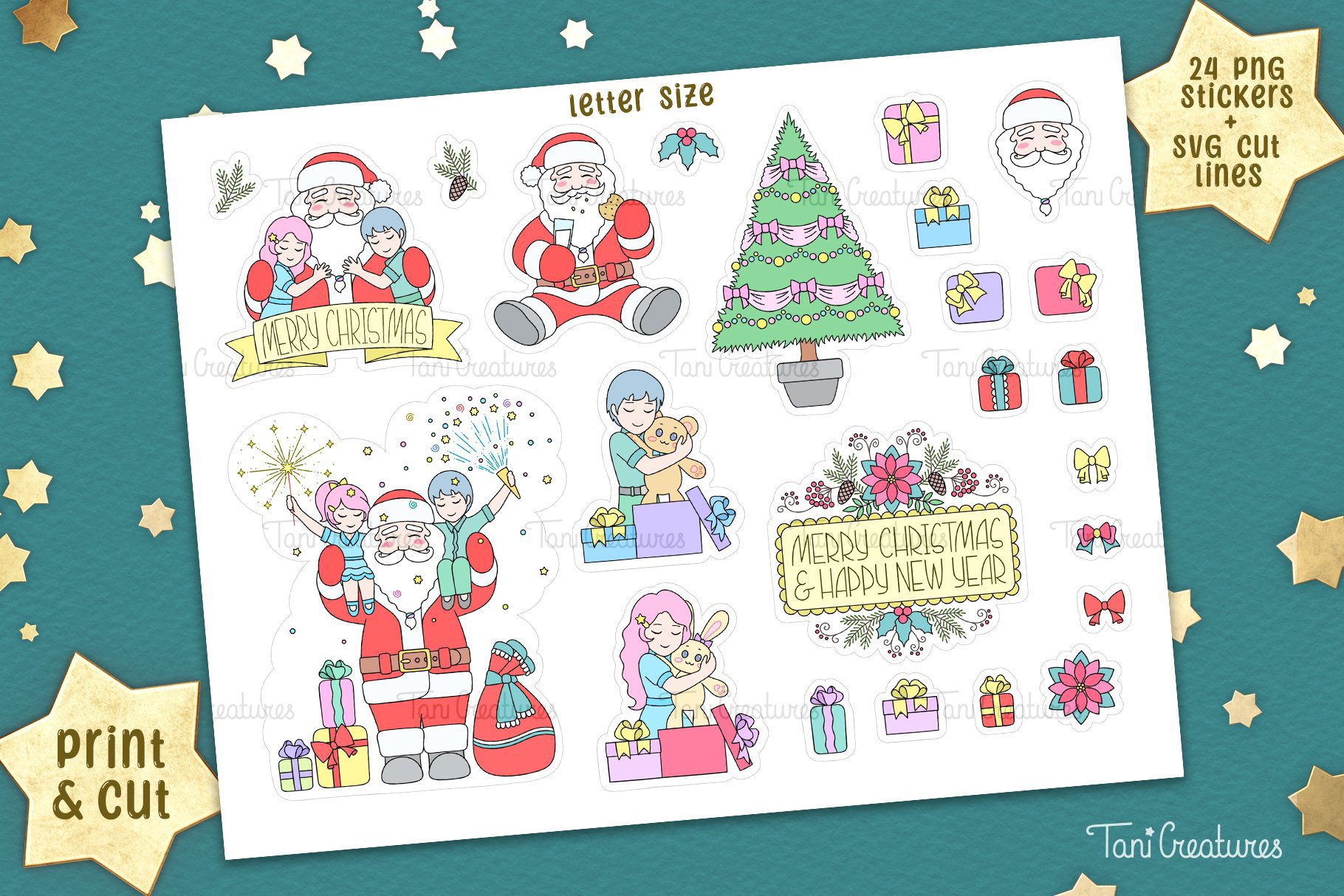 Christmas Printable Stickers - Happy kids with Santa Claus