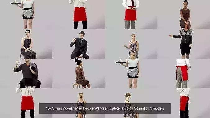 10x Sitting Woman Man People Waitress Cafeteria Vol01 Scanned 3D Model Pack