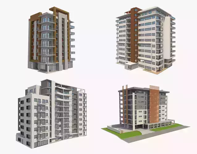 4 Apartment Buildings Set 2 3D model