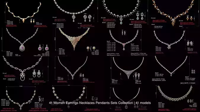 41 Women Earrings Necklaces Pendants Sets Collection 3D Model Pack 2