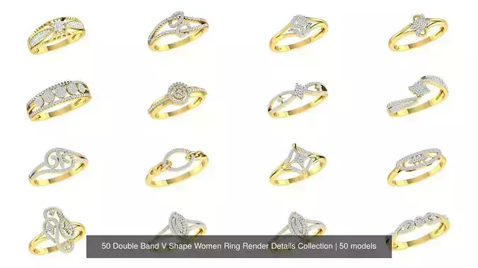 50 Double Band V Shape Women Ring Render Details Collection 3D Model Pack 2