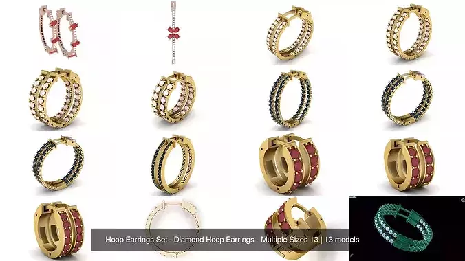 Hoop Earrings Set - Diamond Hoop Earrings - Multiple Sizes 13 3D Model Pack