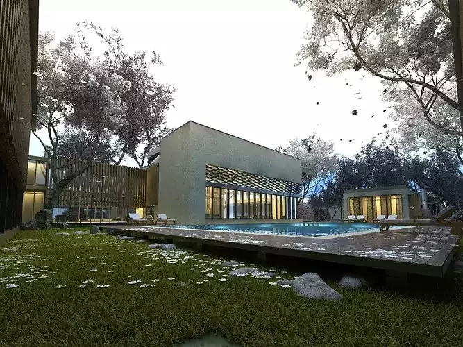 Modern Hotel with Swimming Pool and Patio 3D model