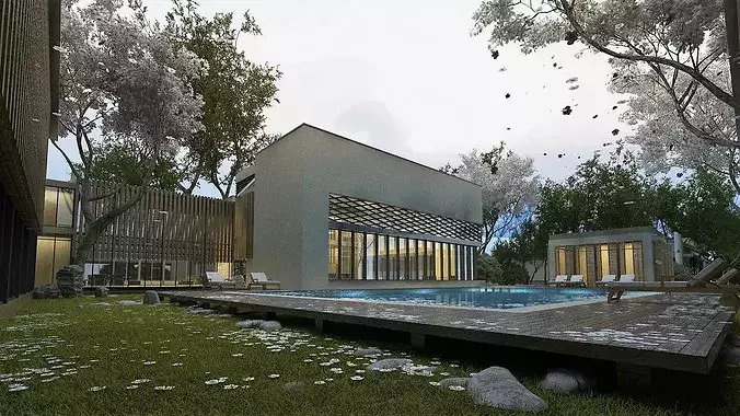 Modern Hotel with Swimming Pool and Patio 3D model 2